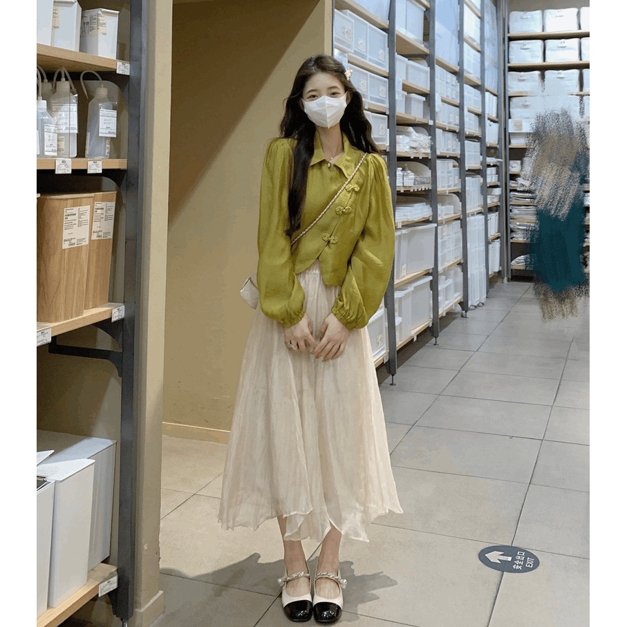 Áo sơ mi kiểu MURIOKI dáng ngắn thắt nút phong cách Trung Hoa 2022 thời trang cho nữ