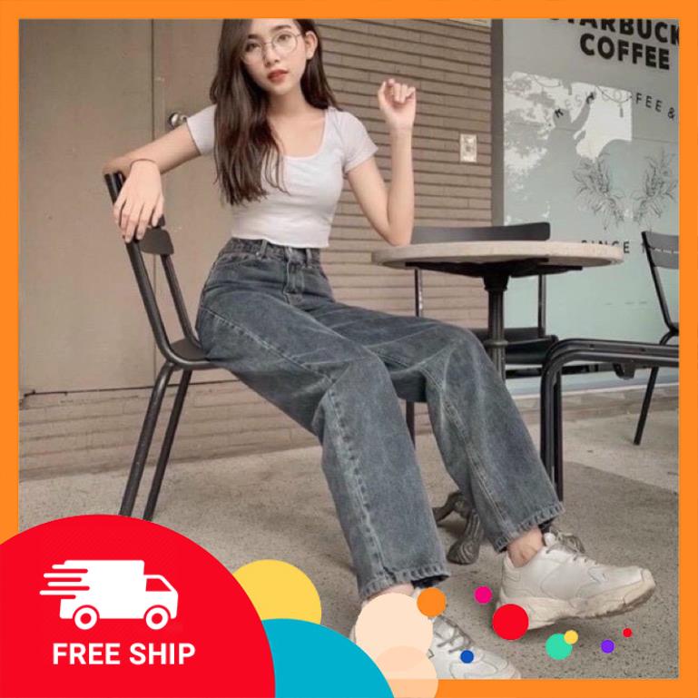[Deal Hot] Quần jeans nữ - quần bò ống rộng lưng cao, vải bò mềm đẹp , dáng suông dài