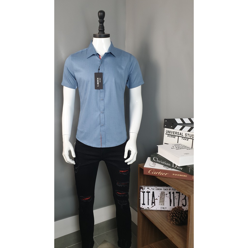 Áo Sơ Mi Nam Ngắn Tay Chạy Dây, Chất cotton mềm mịn, Form ôm | BigBuy360 - bigbuy360.vn