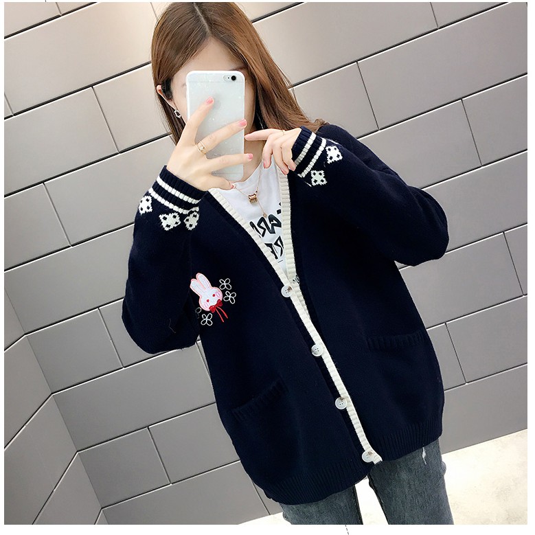 Khoác Cardigan len mịn thêu hình thỏ dễ thương