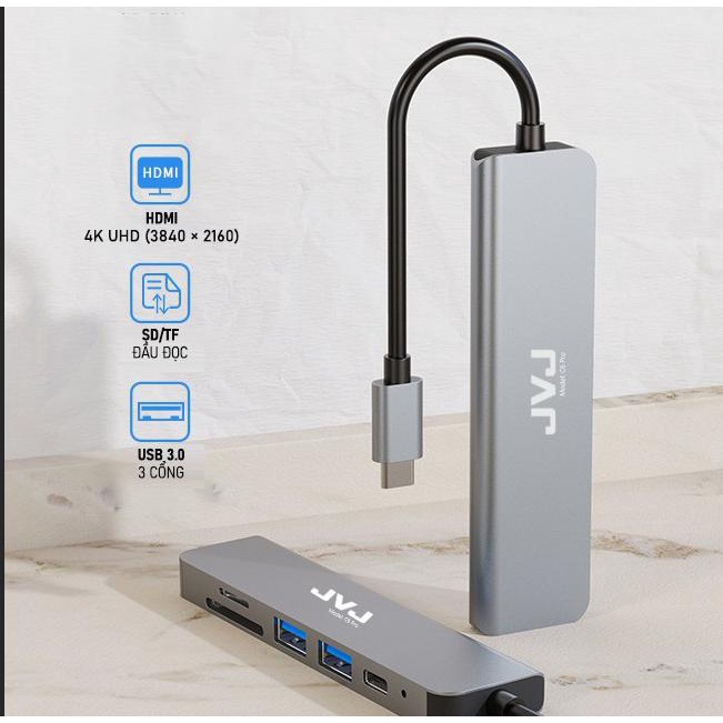 Hub type C Macbook laptop C6 JVJ 6 trong 1, chia cổng USB 3.0 tốc độ 500Mb/s SD, TF, 4K,HDMI, vỏ kim loại