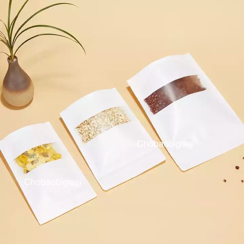 Túi zipper giấy Kraft GIẤY TRẮNG đáy đứng cửa sổ tràn có CÁN MÀNG - CHỐNG THẤM NƯỚC