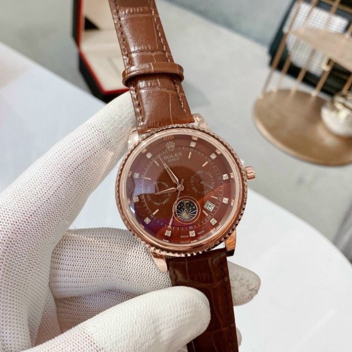 Đồng hồ Nam Rolex máy nhật, mẫu 6kim đính đá, mặt nâu cafe viền vàng, dây da [ BH 1 Năm ] lỗi 1 đổi 1 miễn phí | BigBuy360 - bigbuy360.vn