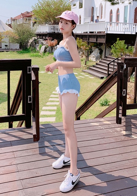 Bikini, đồ bơi 2 mảnh áo ống xanh duơng dễ thương chất vải thun gân (hàng Quảng Châu loại 1)