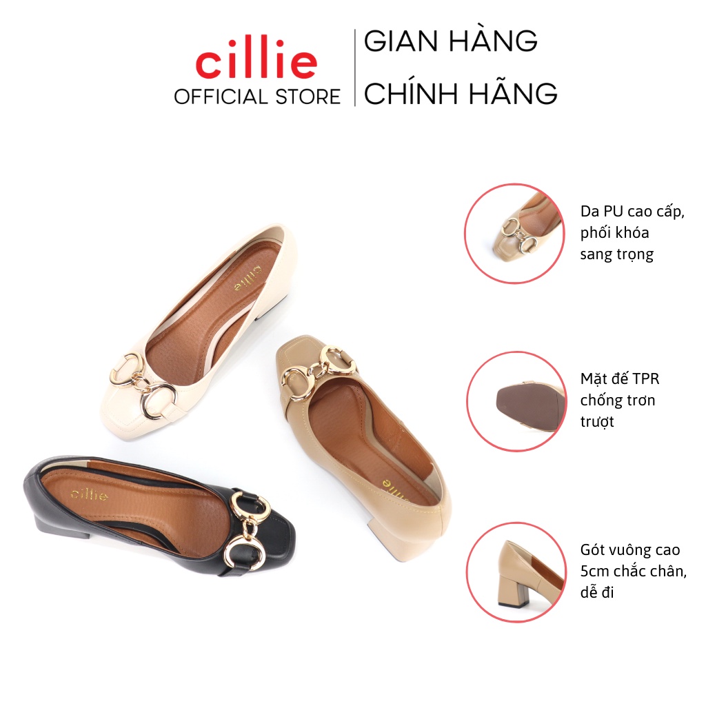 Giày cao gót nữ mũi vuông đính khoá sang trọng gót trụ 5cm đi làm công sở đi chơi Cillie 1119