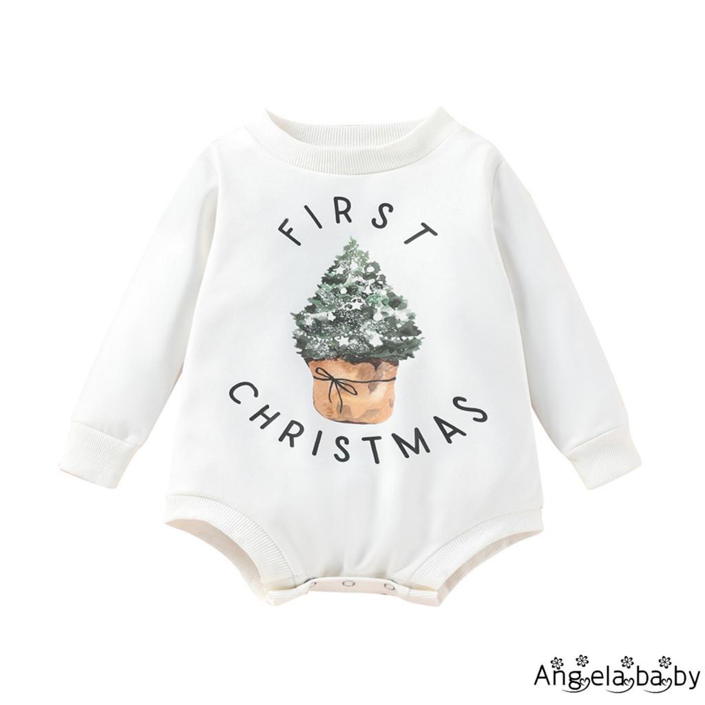 Áo Liền Quần Dài Tay In Hình Cây Thông Giáng Sinh Đáng Yêu Cho Bé