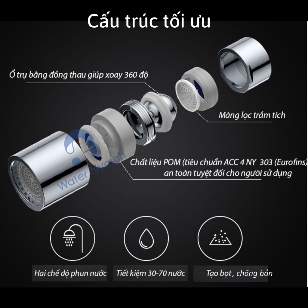 Đầu vòi nước xoay 360 - 720 độ, tăng áp, hai chế độ phun nước tiện ích Waternymph (tặng kèm (bộ) ren chuyển đổi)