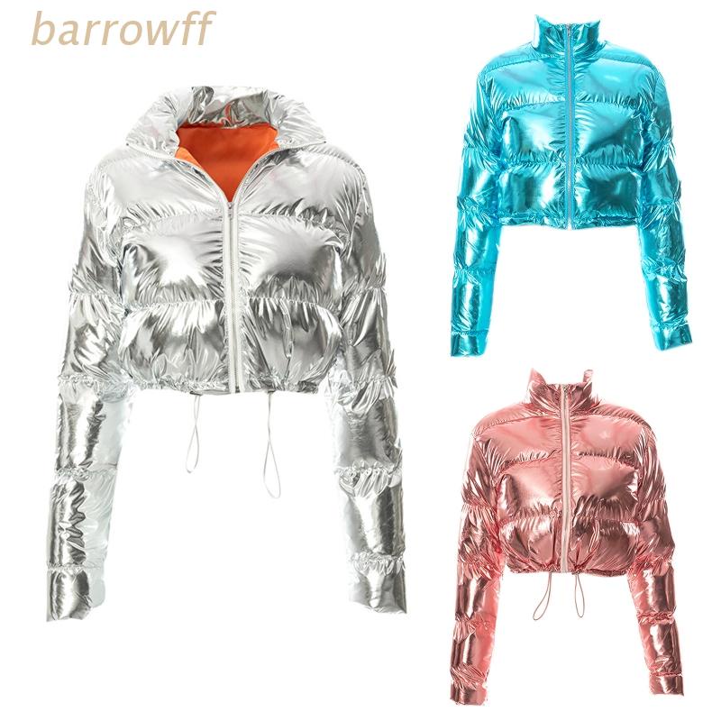 Brroa Áo Khoác Da Giả Tay Dài Phồng Cổ Đứng Có Dây Rút Và Gương Sáng Bóng Cho Nữ