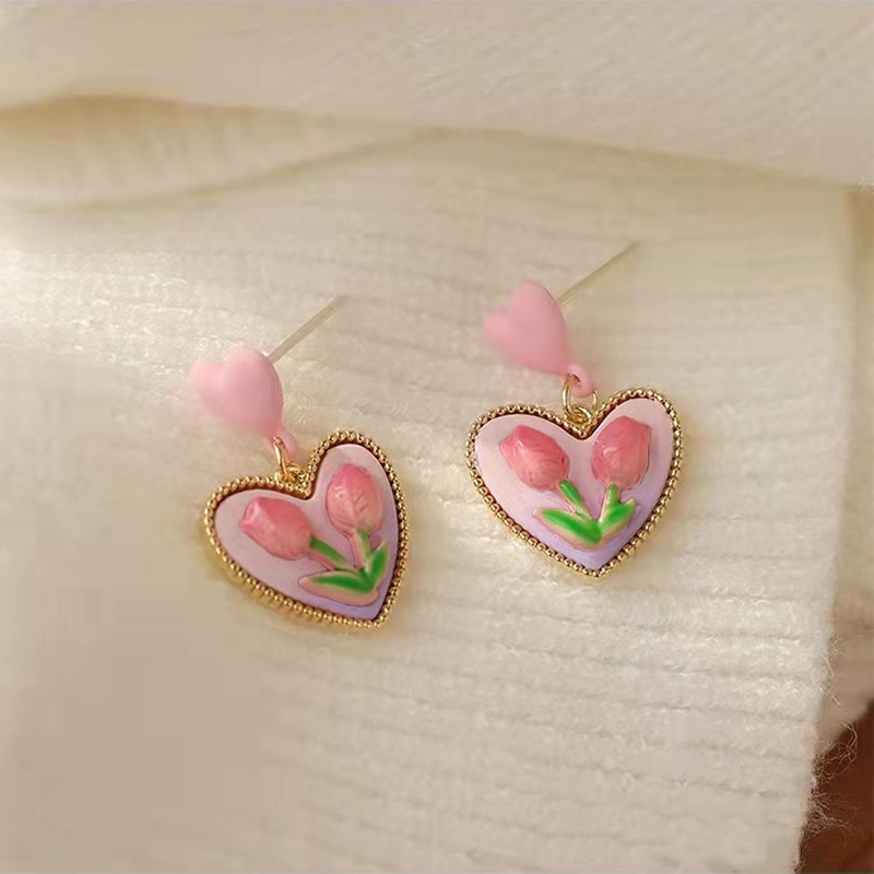Khuyên Tai Hình Hoa Tulip Hồng Dễ Thương Thời Trang Cho Nữ