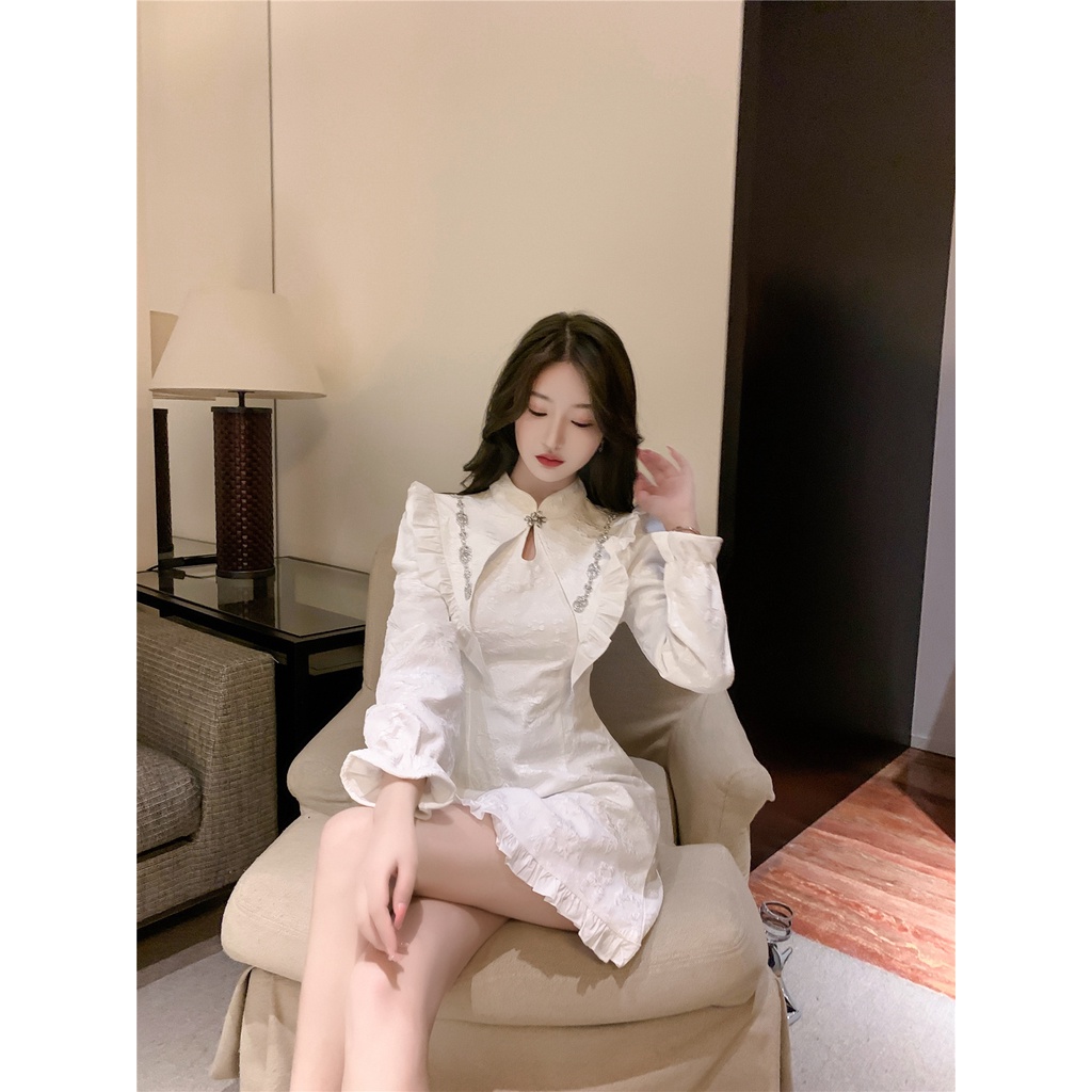 Đầm Váy Liền Ngắn Tiểu Thư Trắng Đen Sang Trọng Phù Hợp Dự Tiệc Phong Cách Trung Quốc Sang Chảnh Hàng Quảng Châu Cao Cấp