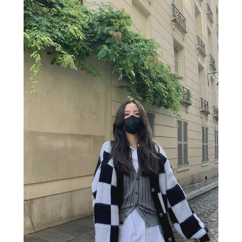 Áo khoác cardigan len kẻ ô Candykeen cheap moment Blackpink đen trắng