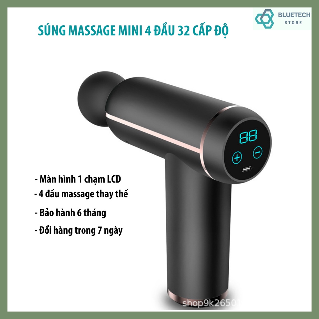 Súng Massage Mini Cầm Tay Màn LCD 1 chạm Cao Cấp, Máy Mát Xa Toàn Thân 4 Đầu thay thế nhỏ gọn dễ sử dụng cho nữ giới