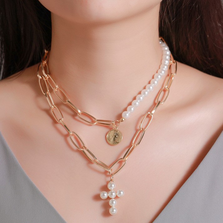 Dây chuyền nhiều lớp kiểu mắt xích dày dặn phối hình chữ thập bằng ngọc trai giả thời trang