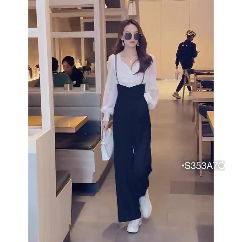 Set Sơ Mi Nữ Công Sở Dự Tiệc Set Áo Kiểu Tay Dài Cổ V Kèm Quần Yếm Dài Ống Suông Phong Cách Hàn Trẻ Trung Màu Đen/Nude