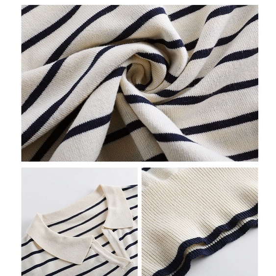 Áo Sweater  len cổ polo nữ dài tay kẻ ngang,  Thun Dệt Kim Tay Dài Cổ Chữ V Dáng Rộng Hàn Quốc  sọc ngang | BigBuy360 - bigbuy360.vn