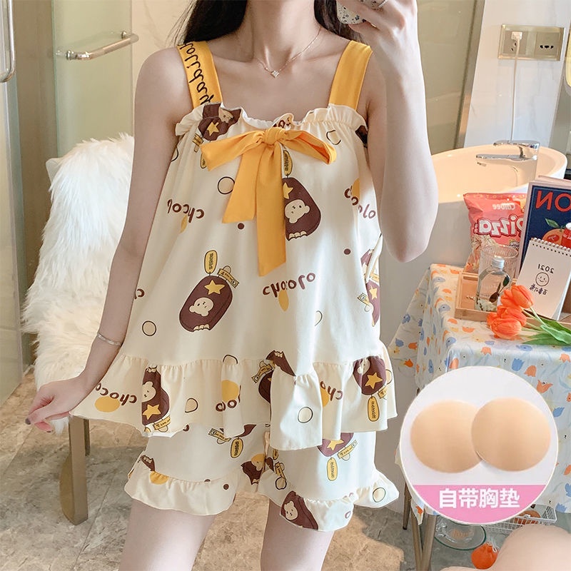 Bộ Đồ Ngủ Hai Dây Có Mút Đệm Ngực Chất Liệu Cotton Thân Thiện Với Da Thời Trang Mùa Hè Quyến Rũ
