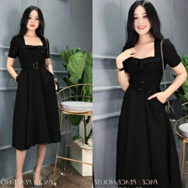 Đầm xòe cổ vuông tay con có túi kèm belt