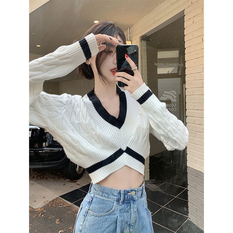 Áo Sweater Dệt Kim Tay Dài Màu Sắc Tương Phản Eo Cao Thời Trang Mùa Thu Cho Nữ