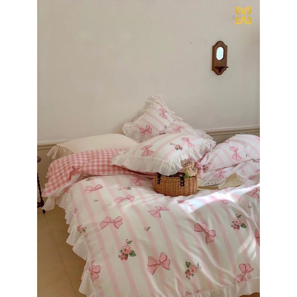 Set Chăn Ga Cotton Ren Hoa Nhí Viền Bèo Hàn Quốc ,Cotton 100% Thoáng Mát Dày Dặn (Shinbedding)