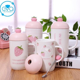 Bộ Ly Cốc Sứ Kèm Muỗng Dâu Tây Strawberry Đáng Yêu M2644