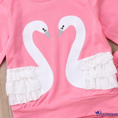 Set áo thun + quần dài họa tiết chim thiên nga 3D màu hồng xinh xắn cho bé gái