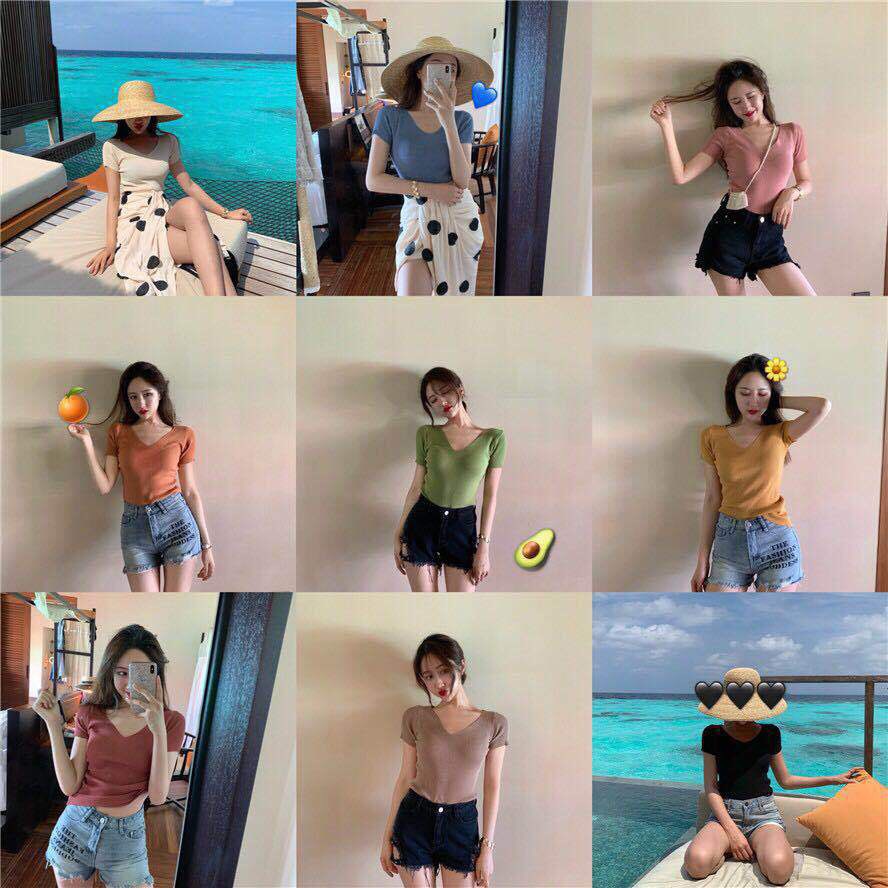 Áo cổ tim ôm body chất len tăm tay ngắn nhiều màu ulzzang Hàn Quốc A04 - Peyy Clothing | BigBuy360 - bigbuy360.vn