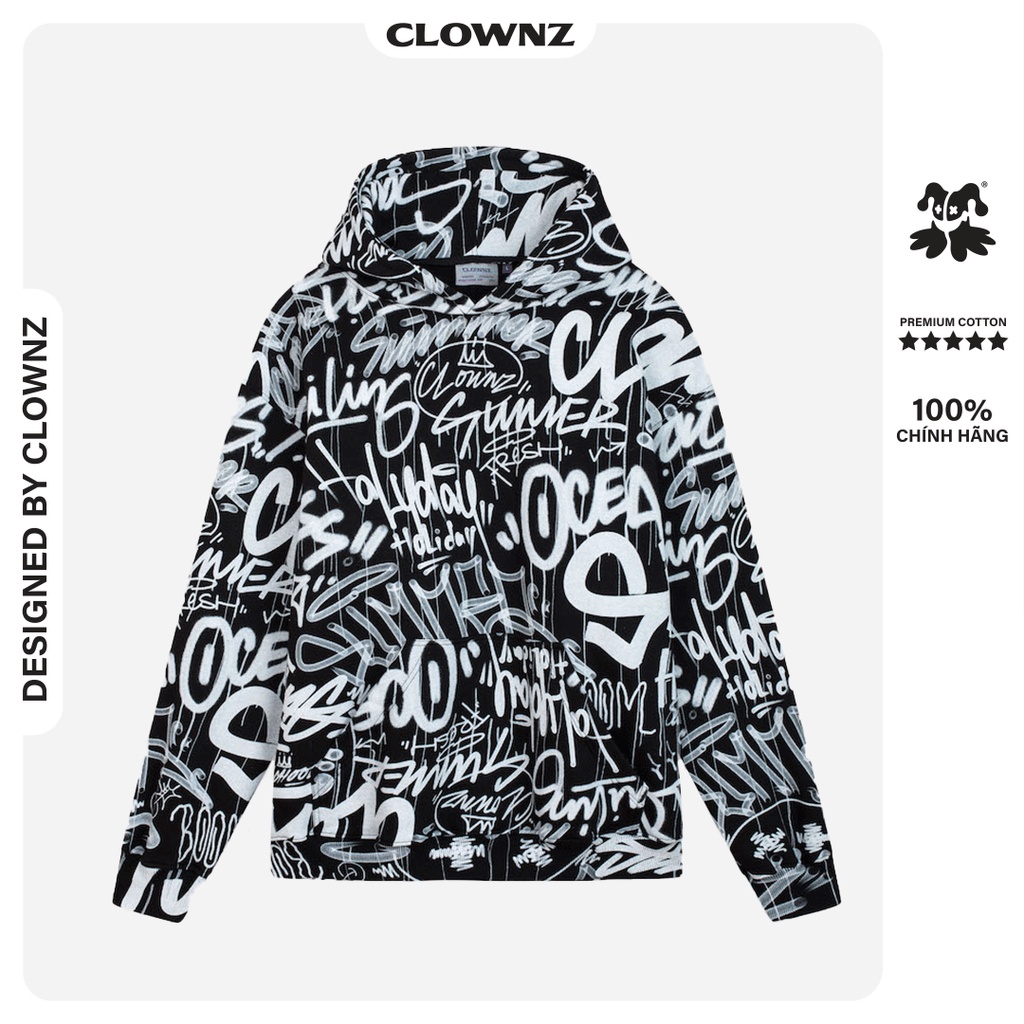 Áo khoác hoodie unisex Clownz Graffiti Over Print vải nỉ bông, form rộng unisex