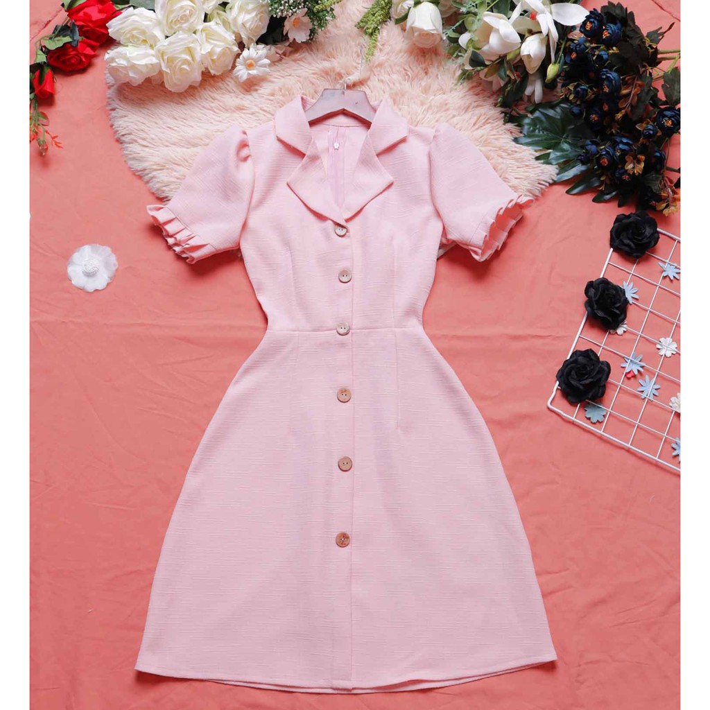 Đầm công sở hồng cổ vest thiết kế sang trọng cao cấp dáng chữ a tay ngắn tôn dáng sáng da hợp đi làm đi tiệc - Lux W