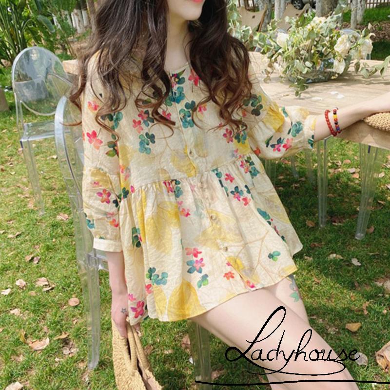 Áo Sơ Mi Cổ Tròn Tay 3/4 In Họa Tiết Hoa Lá Phong Cách Hàn Quốc Ngọt Ngào Dành Cho Nữ