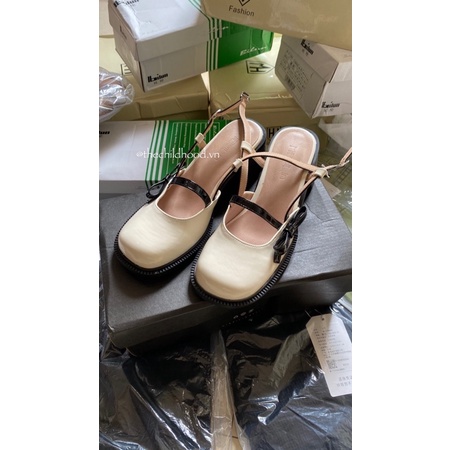 Giày gót cao quai mix màu buộc nơ cnk | Ảnh thật