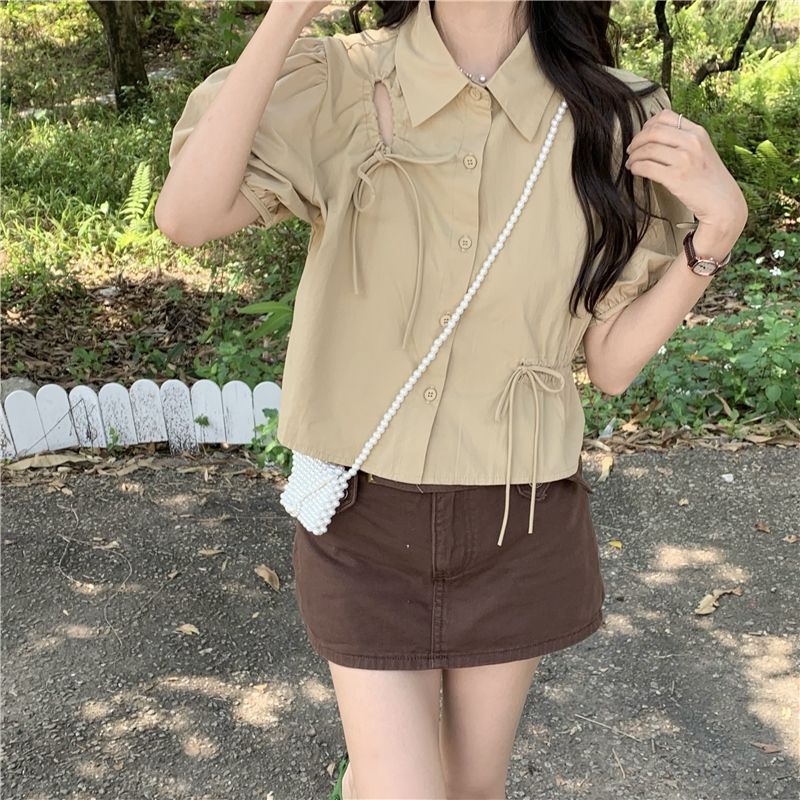 AMOI Áo Kiểu Tay Ngắn Dáng Ôm Phối Dây Rút Phong Cách Hàn Quốc Thời Trang Cho Nữ 2022