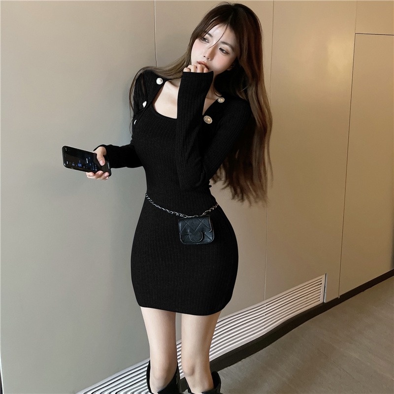 Đầm ZHELIHANGFEI dáng ngắn dệt kim tay dài đính nút vàng kim quyến rũ cho nữ