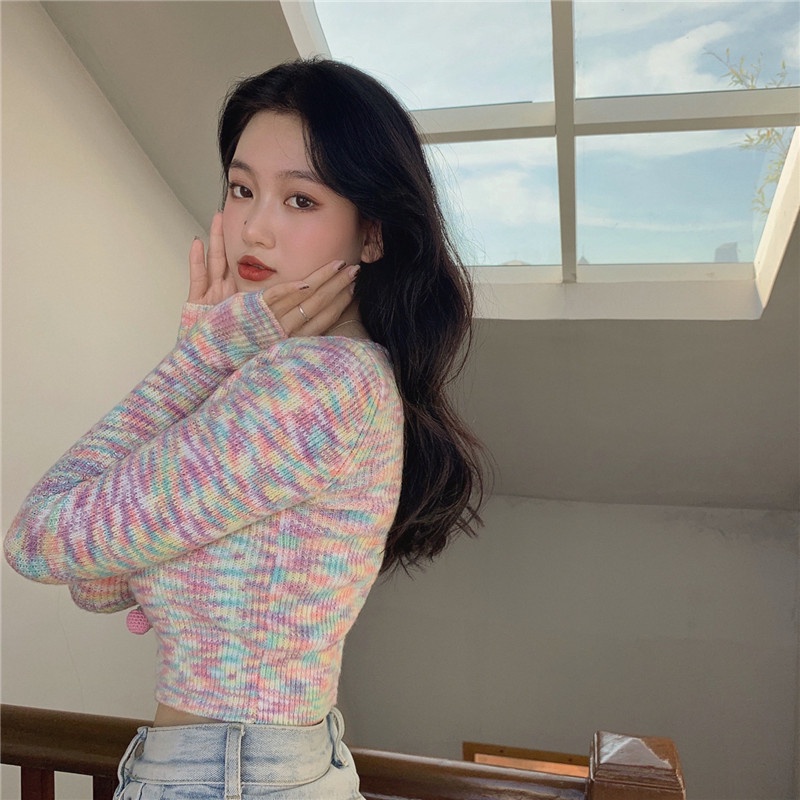 【ZHELIHANGFEI】 / Áo Khoác Cardigan Dệt Kim Dáng Ngắn Hở Rốn Màu Hồng Nhẹ Nhàng Thời Trang Xuân Thu Cho Nữ