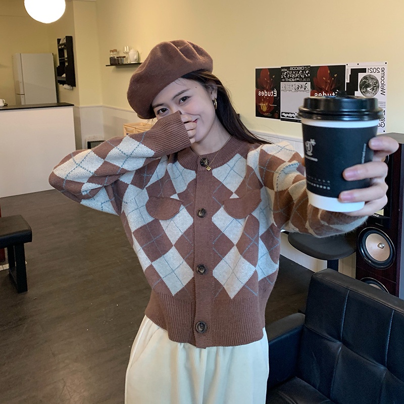 ZHELIHANGFEI Áo Cardigan Dệt Kim Tay Dài Lưng Cao Kiểu Retro Xinh Xắn