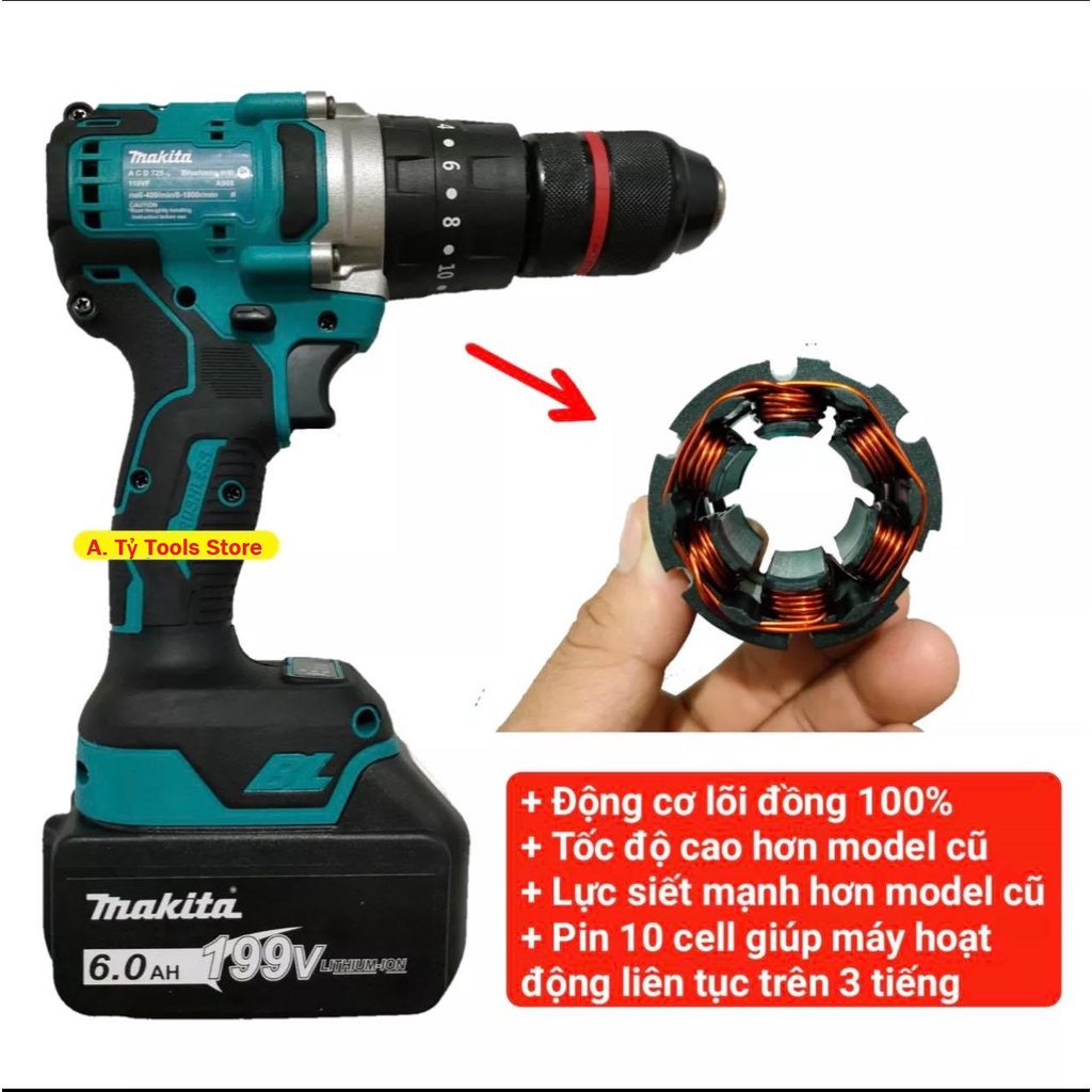 Máy Khoan Pin MAKITA Không Chổi Than 3 Chức Năng có Búa Đầu Khoan 13mm Autolock Viền Đỏ