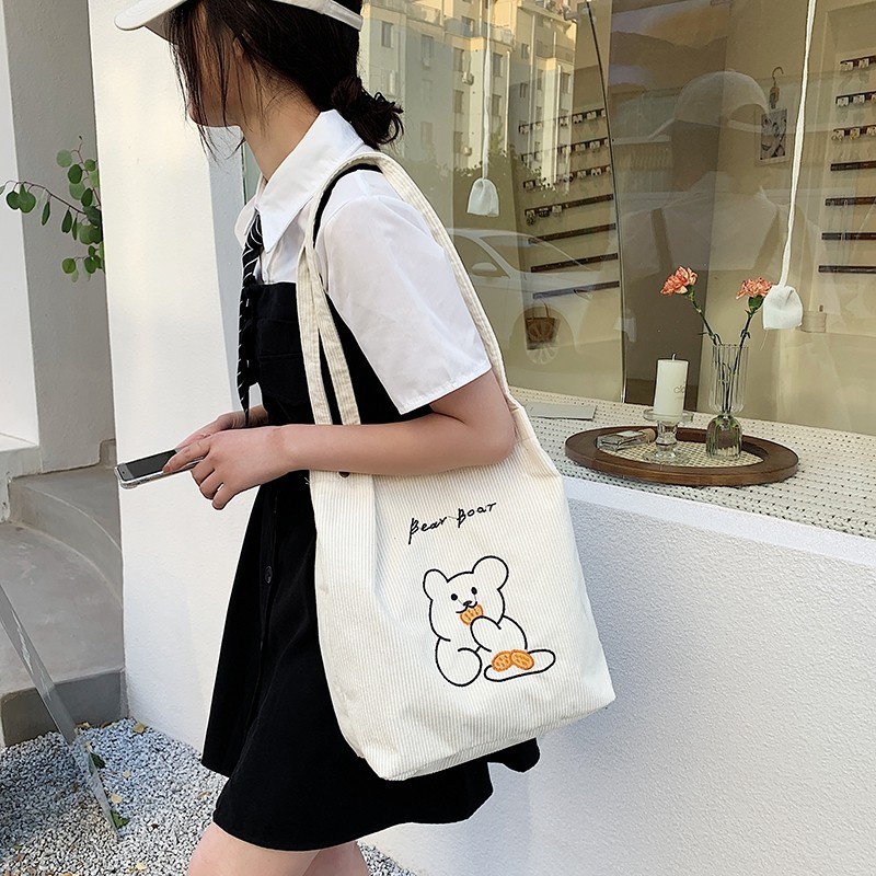 Túi Tote Vải Nhung Kẻ Sọc Hình Gấu Mới Cho Nữ Sinh