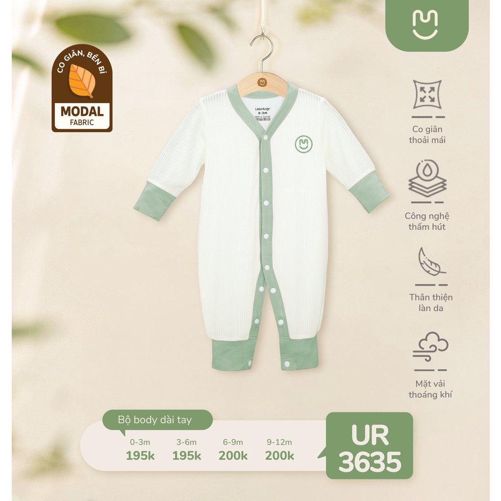 UR 3635. Bộ liền thân UALA &amp; ROGO body dài sơ sinh vải tăm modal vân hè thoáng mát UALROGO