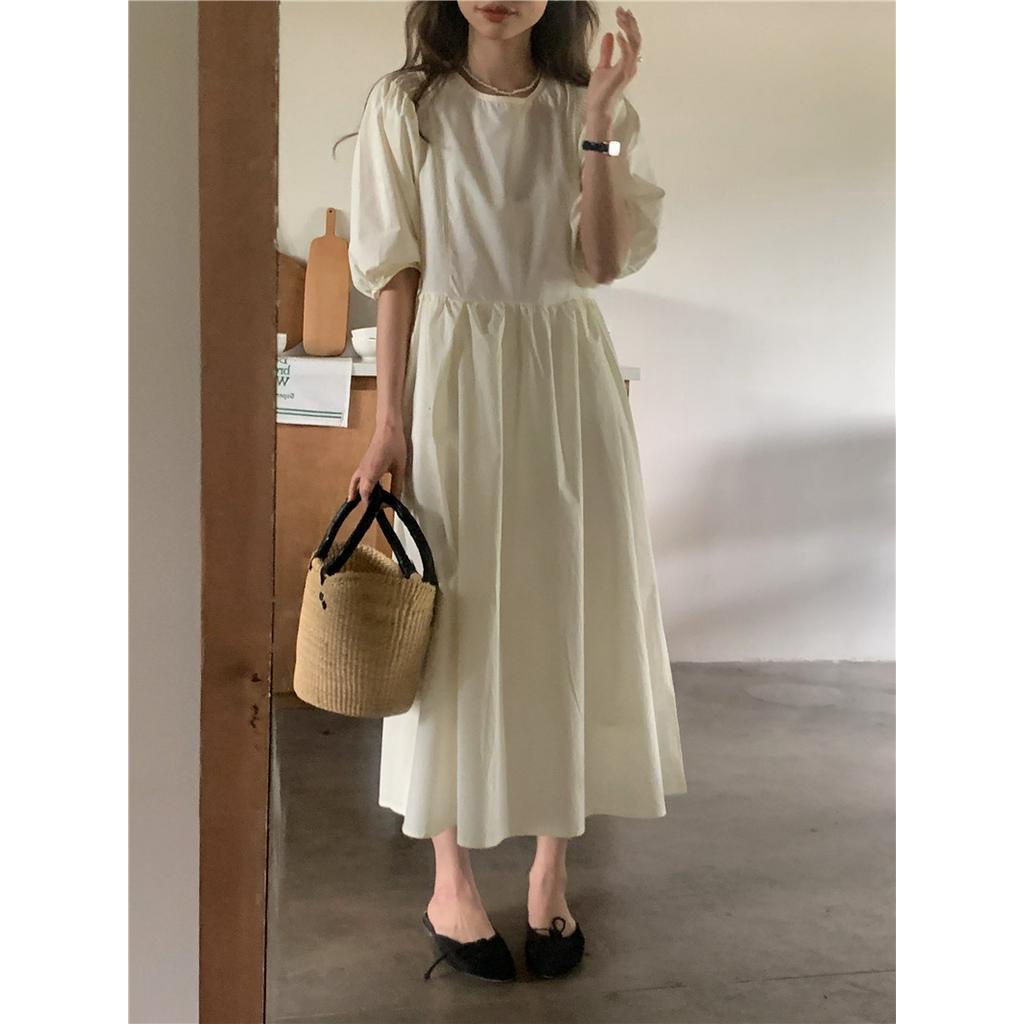 Đầm Hàn Quốc Cổ Tròn Ngắn Tay Dáng Dài Vừa Vặn 63853 3 Màu Sắc Đơn Giản