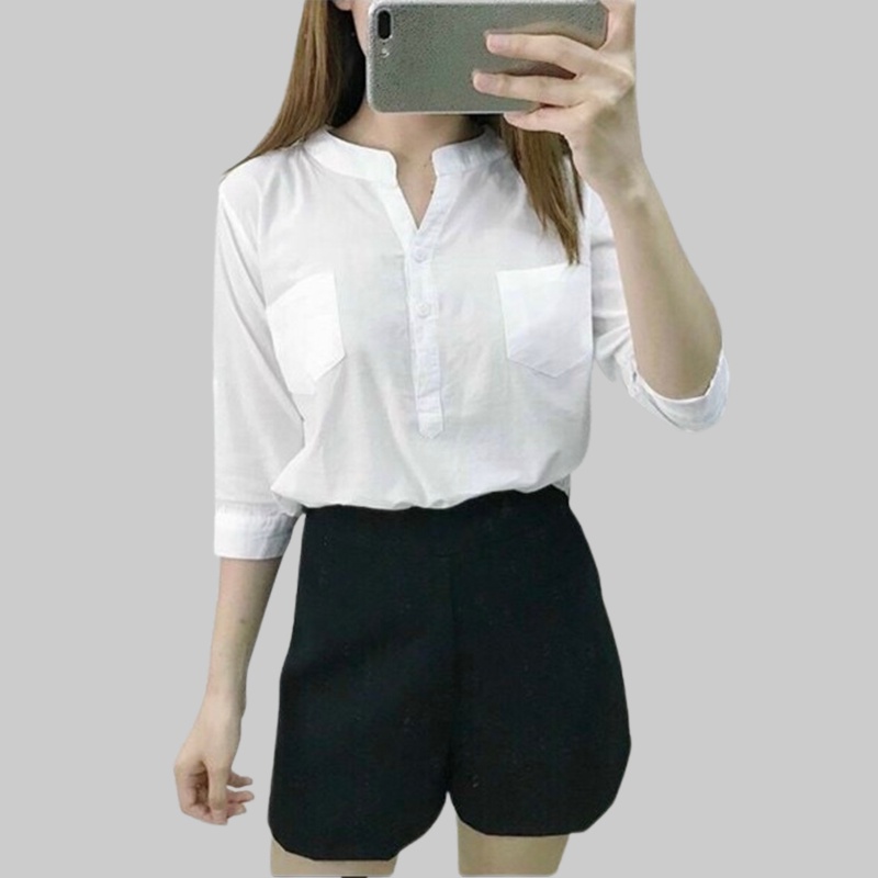 Áo sơ mi nữ cổ tàu form rộng tay lỡ túi ngực cao cấp nhiều màu trẻ trung phong cách