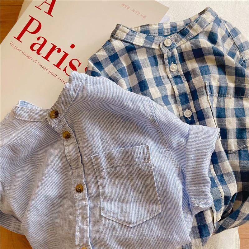 Áo Sơ Mi Cotton Cổ Đứng Tay Lửng Họa Tiết Kẻ Sọc Thời Trang Mùa Hè 2021 Dành Cho Bé Trai Bé Gái