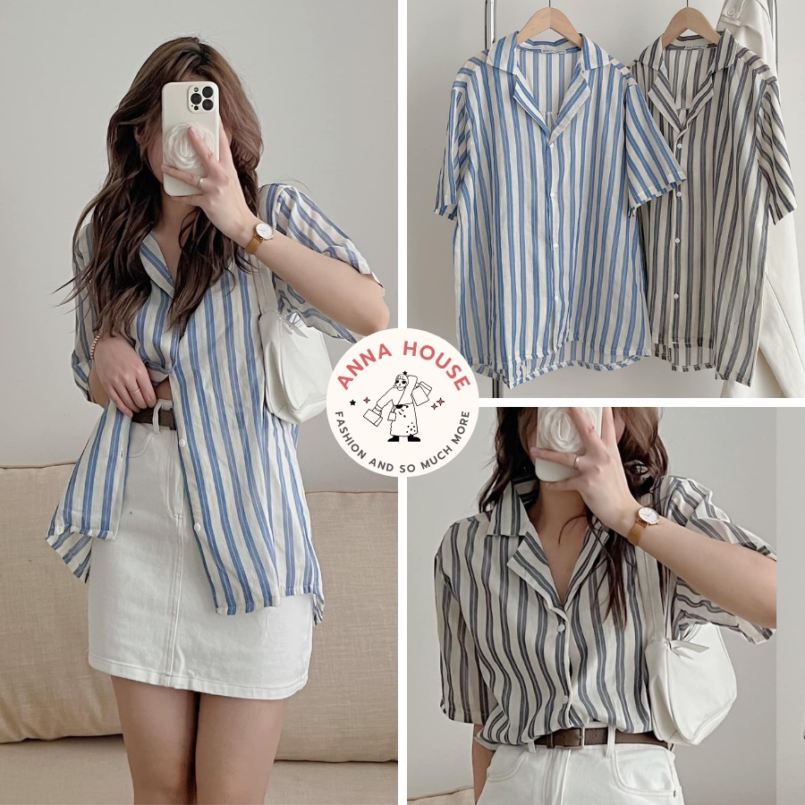 Áo sơ mi nữ cộc tay cổ vest kẻ sọc xanh, xám chất đũi form rộng, Áo sơ mi nữ tay ngắn, dài cổ vest kẻ sọc Freesize