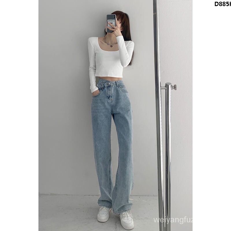 Quần jean bò nữ Cheapy cạp lệch ống suông eo cao hack chân chất jean mài phong cách Hàn Quốc C480 | WebRaoVat - webraovat.net.vn