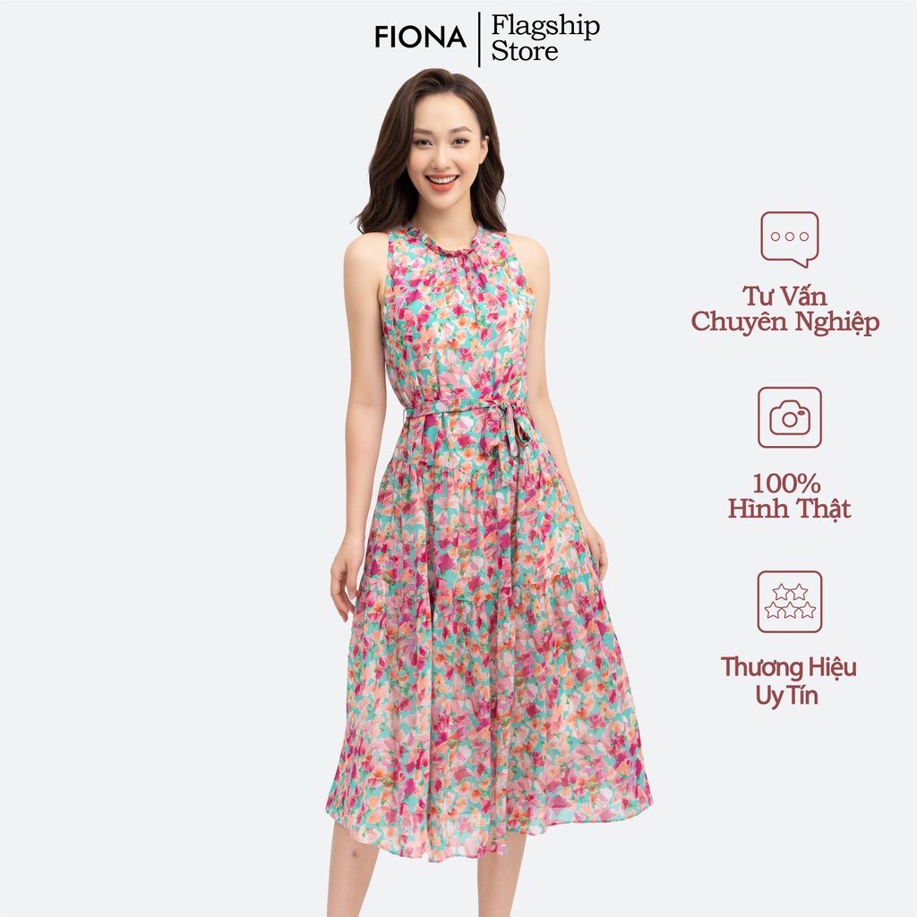 Đầm xòe nữ sát nách, váy đầm maxi đi biển họa tiết hoa, có dây đai eo FIONA F452281