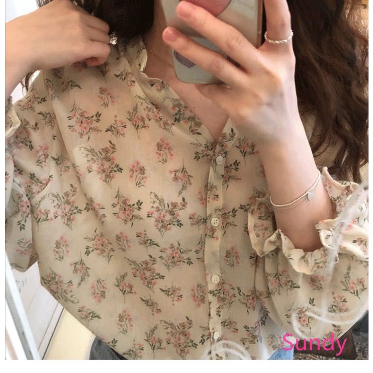 Áo Sơ Mi Chiffon Cổ Chữ V In Hoa Phong Cách Hàn Quốc Thời Trang Mùa Hè Plus Size Dành Cho Nữ