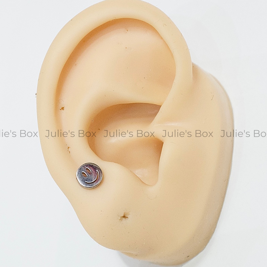 Khuyên Tai Unisex Hình Mặt Cười Màu Bạc Titan Không Gỉ Sét Không Ngứa Không Đen julies box 66