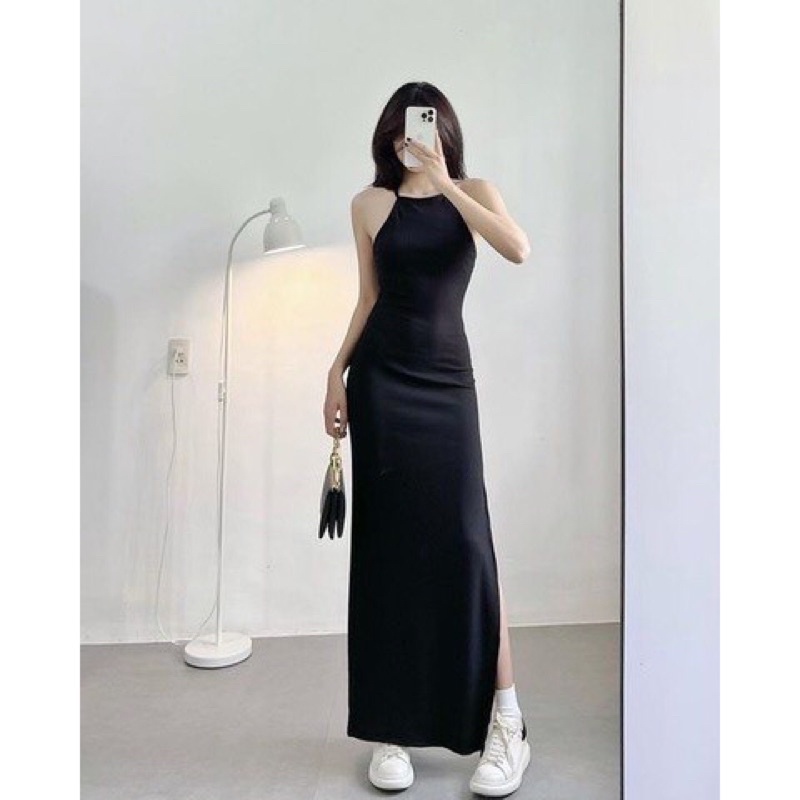 Đầm yếm maxi hở lưng xẻ tà sẵn mút -Chuchaclothing
