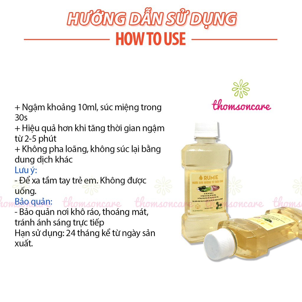 Nước súc miệng trầu không chai 220ml Rumie - hết sâu răng, hôi miệng, nhiệt miệng, giúp thơm miệng