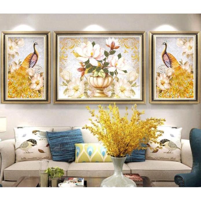 T42 Bộ 3 Tranh Tráng Gương Treo Tường Phòng Khách Hươu / nai Phú Quý / Phòng Ngủ Chim Công Và Bình Hoa