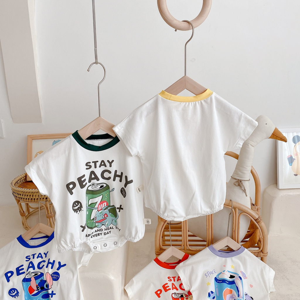 Áo liền quần cotton tay ngắn in họa tiết hoạt hình đáng yêu thời trang mùa hè dành cho trẻ sơ sinh