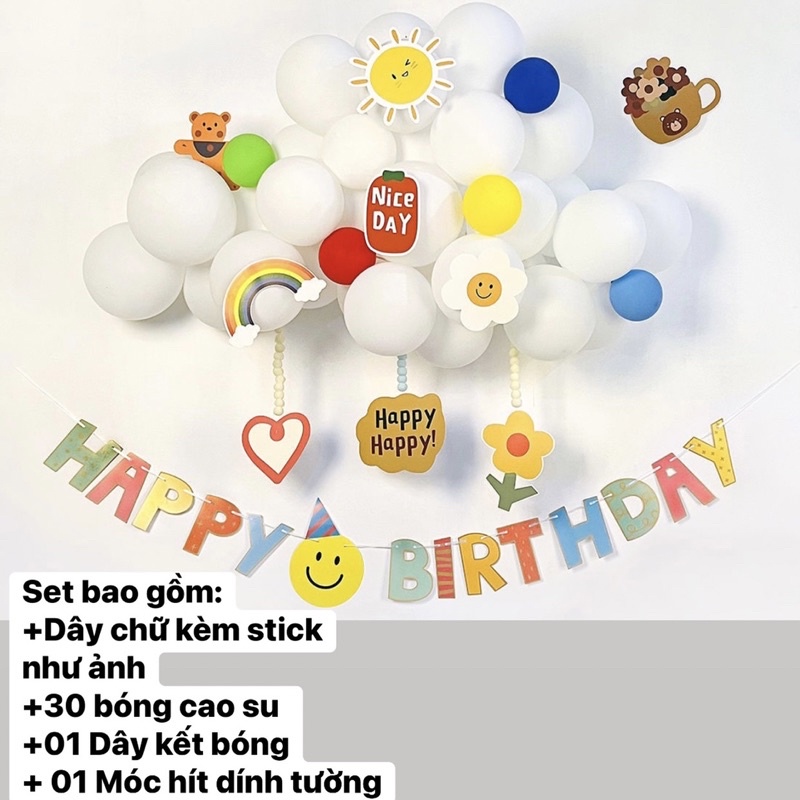 Dây chữ Happy Birthday Kèm sticker và bóng trang trí sinh nhật